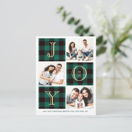 喜び|グリーンプレイドフォトコラージュクリスマスホリデー ポストカード (スタンド正面)