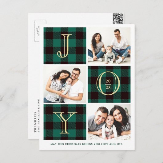 喜び|グリーンプレイドフォトコラージュクリスマスホリデー ポストカード (正面/裏面)