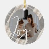 喜び |グレーモダンとベージュの水の色の格子模様の写真 セラミックオーナメント (正面)