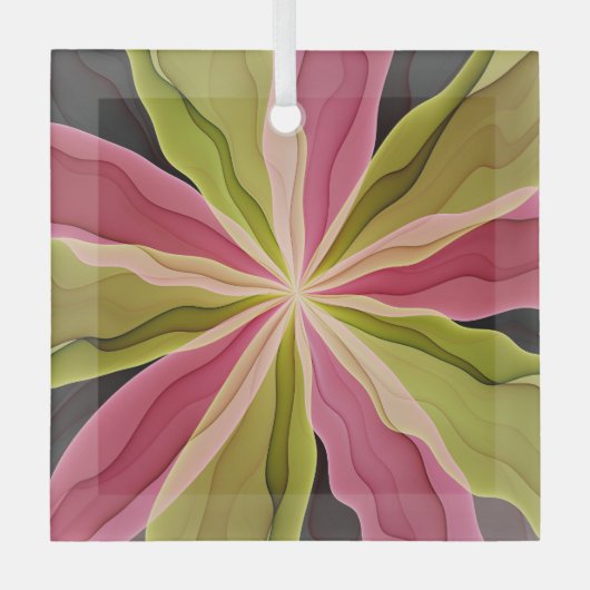 喜び、ピンクの緑の無煙炭ファンタジーフラワーフラクタル ガラスオーナメント (正面)