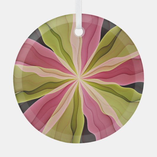喜び、ピンクの緑の無煙炭ファンタジーフラワーフラクタル ガラスオーナメント (正面)