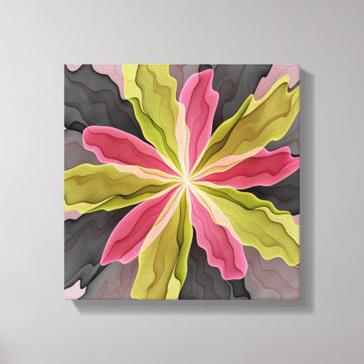 喜び、ピンクの緑の無煙炭ファンタジーフラワーフラクタル キャンバスプリント (正面)