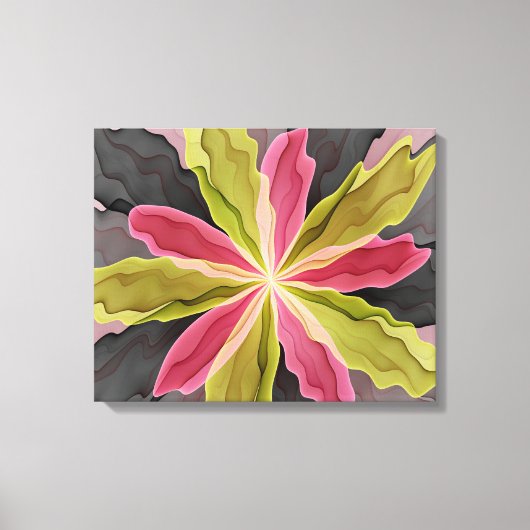 喜び、ピンクの緑の無煙炭ファンタジーフラワーフラクタル キャンバスプリント (正面)