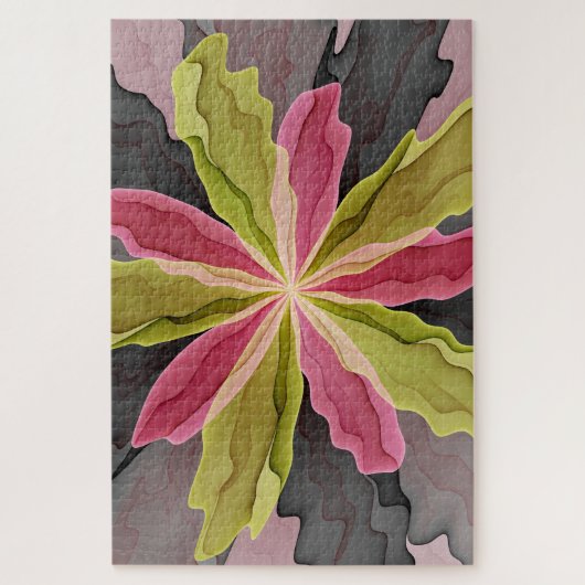 喜び、ピンクの緑の無煙炭ファンタジーフラワーフラクタル ジグソーパズル (縦)