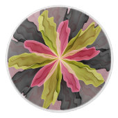 喜び、ピンクの緑の無煙炭ファンタジーフラワーフラクタル セラミックノブ (正面)