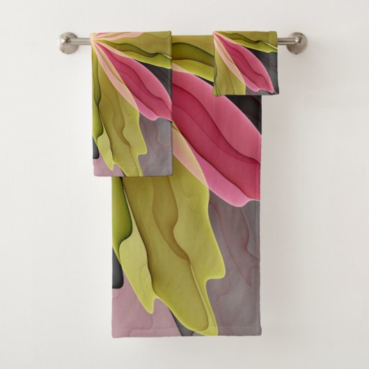喜び、ピンクの緑の無煙炭ファンタジーフラワーフラクタル バスタオルセット (インサイチュ)