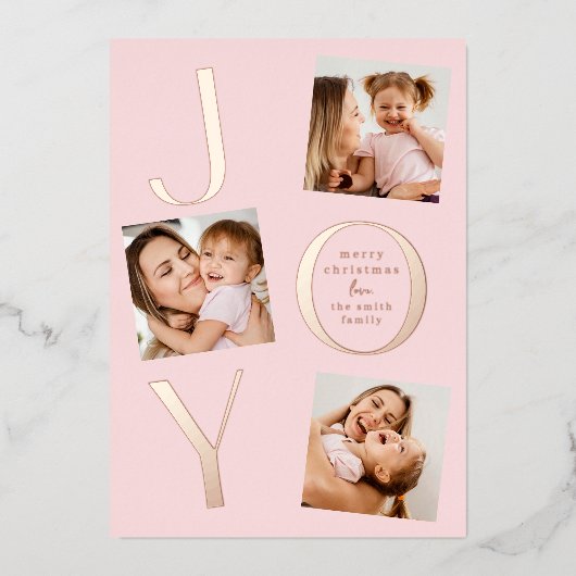 喜び | ピンクモダンの4写真クリスマス 箔シーズンカード (正面)