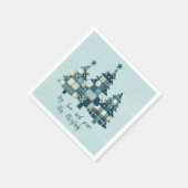 喜び、愛、平和の青いクリスマス市松模様にの木々 スタンダードカクテルナプキン (角)