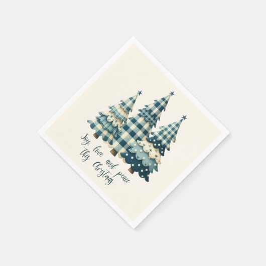 喜び、愛、平和の青いクリスマス市松模様にの木々 スタンダードカクテルナプキン (角)