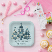 喜び、愛、平和の青いクリスマス市松模様にの木々 ペーパープレート (パーティー)