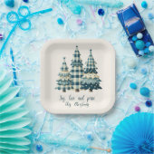 喜び、愛、平和の青いクリスマス市松模様にの木々 ペーパープレート (パーティー)