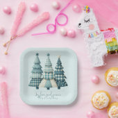 喜び、愛、平和の青いクリスマス市松模様にの木々 ペーパープレート (パーティー)