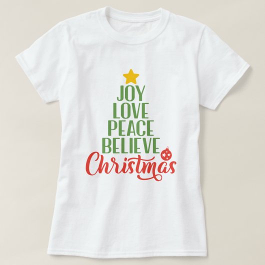 喜び、愛、平和信じクリスマス女子Tシャツ Tシャツ (デザイン正面)