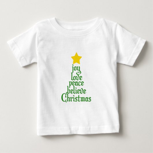 喜び、愛、平和、信じクリスマス ベビーTシャツ (正面)