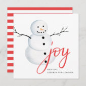喜び。水彩可愛いクリスマス雪だるま。ユニバーシティレッドホワイト シーズンカード (正面/裏面)