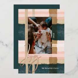 喜び |緑モダンとピンクの水の色の格子模様の写真 箔シーズンカード