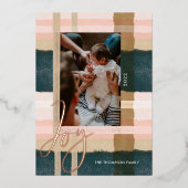 喜び |緑モダンとピンクの水の色の格子模様の写真 箔シーズンカード (正面)