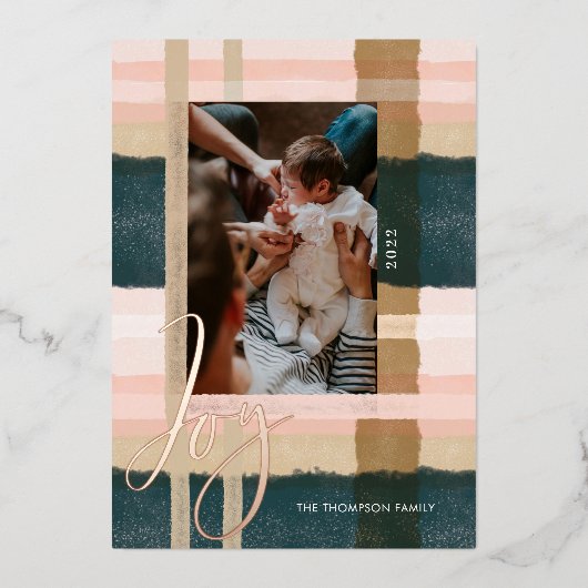 喜び |緑モダンとピンクの水の色の格子模様の写真 箔シーズンカード (正面)