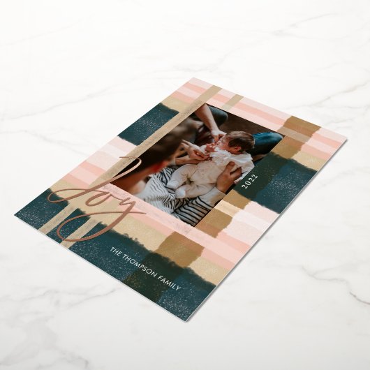 喜び |緑モダンとピンクの水の色の格子模様の写真 箔シーズンカード (回転した状態)