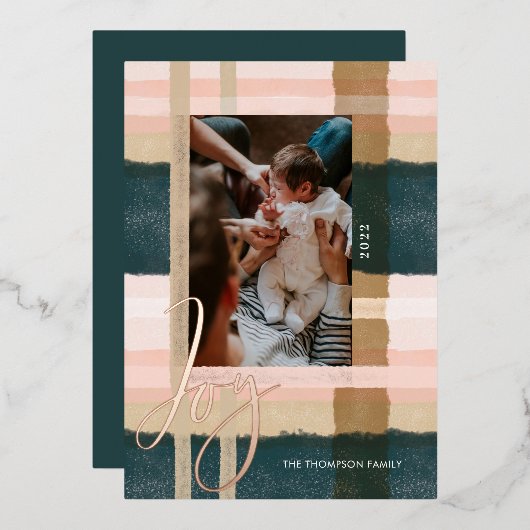 喜び |緑モダンとピンクの水の色の格子模様の写真 箔シーズンカード (正面/裏面)