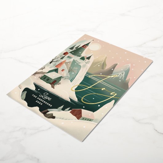 喜び。金ゴールドの山の村の風景 箔シーズンカード (回転した状態)