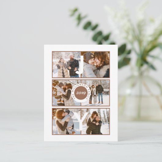 喜び | 6枚モダンの写真ファミリークリスマスグリーティング ポストカード (スタンド正面)