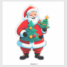 喜ぶサンタクロースが小さなクリスマスツリーを持つ シール