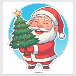 喜ぶサンタクロースが小さなクリスマスツリーを持つ シール