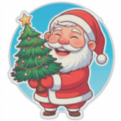 喜ぶサンタクロースが小さなクリスマスツリーを持つ シール (正面)