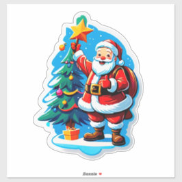 喜ぶサンタクロース 小さなクリスマスツリーを持つ シール