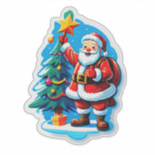 喜ぶサンタクロース 小さなクリスマスツリーを持つ シール (正面)