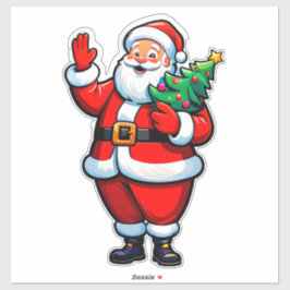 喜ぶサンタクロース 小さなクリスマスツリーを持つ シール
