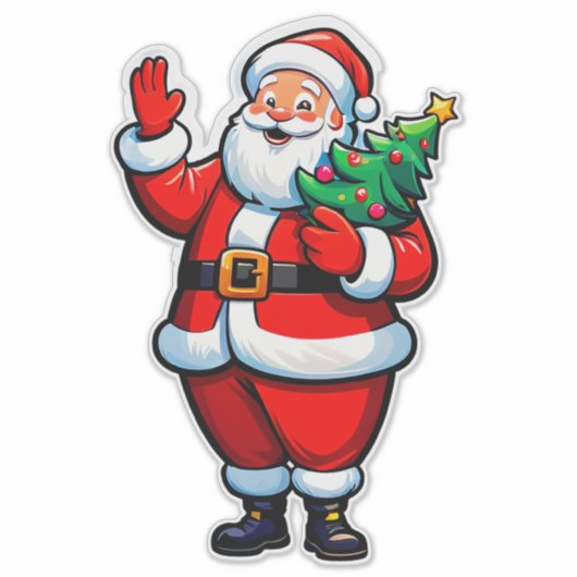 喜ぶサンタクロース 小さなクリスマスツリーを持つ シール (正面)