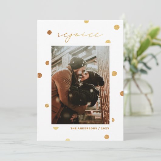 喜ぶ。金ゴールド水玉模様宗教的クリスマス シーズンカード (スタンド正面)