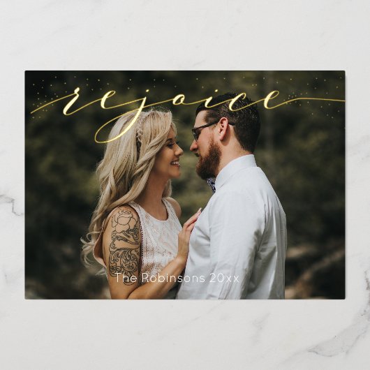 喜べ　スクリプト　モダン　写真　ホリデー 箔シーズンカード (正面)