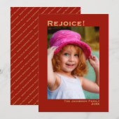 喜べ!ミニマルな赤と金ゴールドフォトクリスマス シーズンカード (正面/裏面)