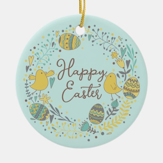 喜カラフルびの雛の卵と挨拶リース セラミックオーナメント (正面)