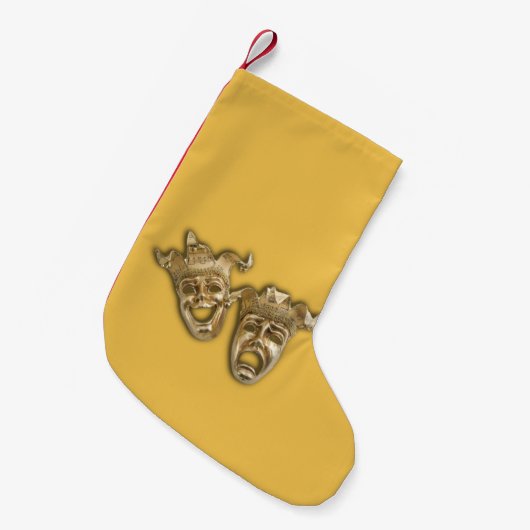 喜劇と悲劇の演劇マスク金ゴールド スモールクリスマスストッキング (正面 (吊り時))