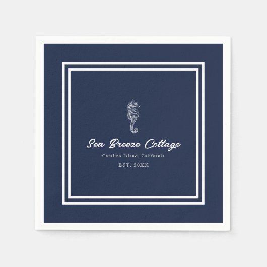 喜航海のび:青と白のシーホース スタンダードカクテルナプキン (正面)