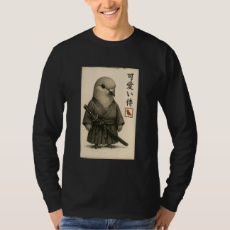 喪に服す鳩の侍 墨絵スタイルのユニークなデザイン Tシャツ