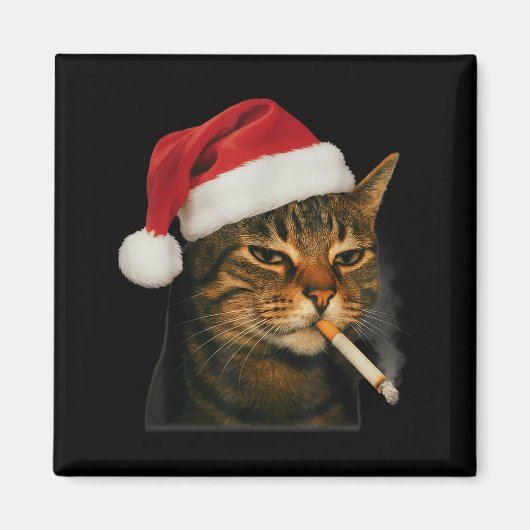 喫煙する猫のタバコ クリスマス サンタ帽子 猫のミーム マグネット (正面)
