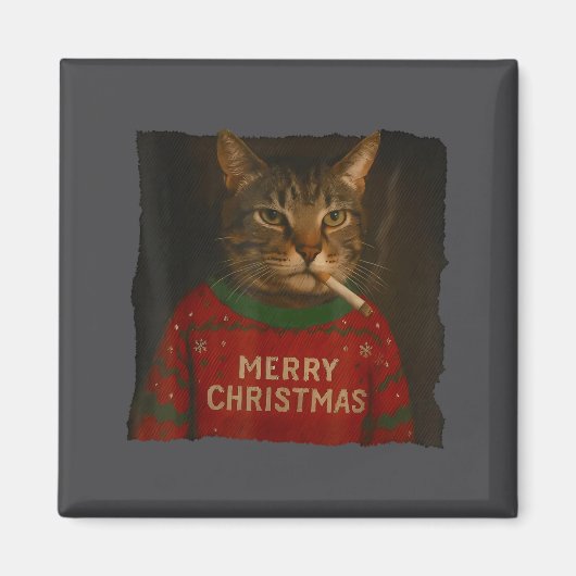 喫煙猫シガレットクリスマスサンタ帽子猫のミーム マグネット (正面)