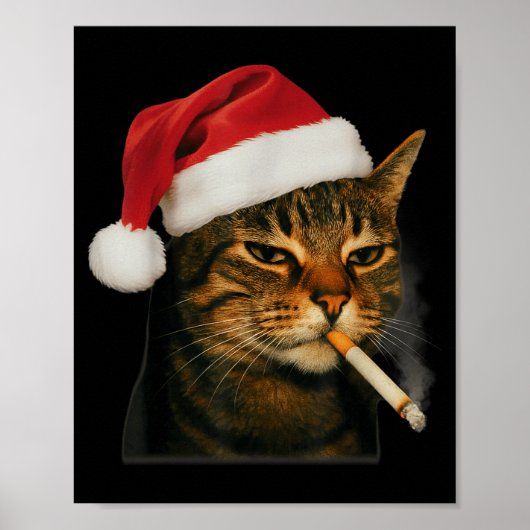 喫煙猫シガレットサンタ帽子クリスマス 猫ミーム ポスター (正面)