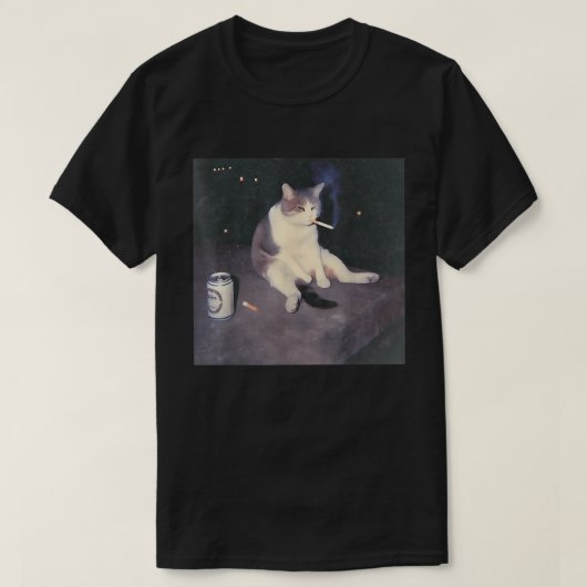 喫煙猫ミーム|悲しい雰囲気のおもしろデザイン Tシャツ (デザイン正面)