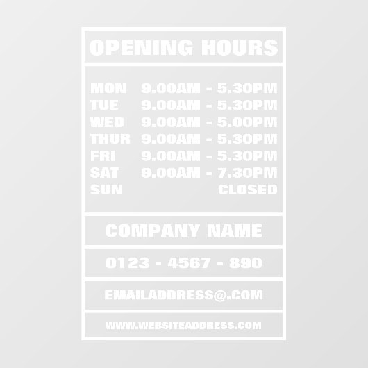 営業時間と情報 ウィンドウサイン (シート)