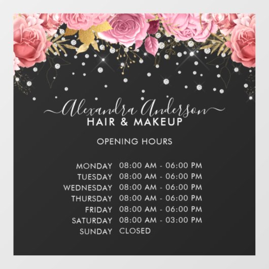 営業時間 ブラック ピンク フローラル ダイヤモンド グリッター ウィンドウサイン (シート)