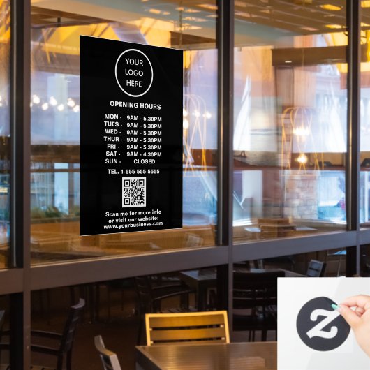 営業時間 黒ビジネス ロゴ QR コード ウィンドウサイン (レストラン窓)