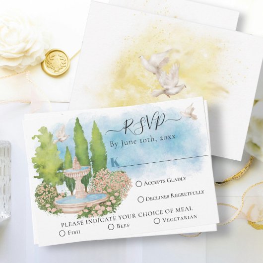 噴水エレガント花、鳩Summer Wedding RSVP カード