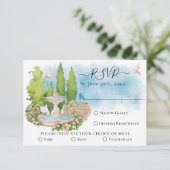 噴水エレガント花、鳩Summer Wedding RSVP カード (スタンド正面)