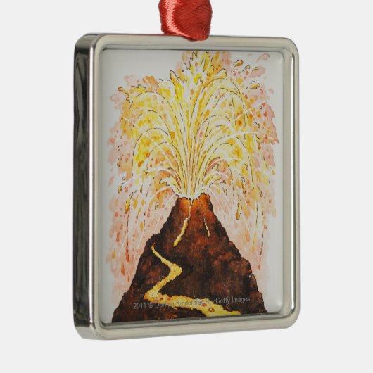 噴火している火山のイラストレーション メタルオーナメント (右)